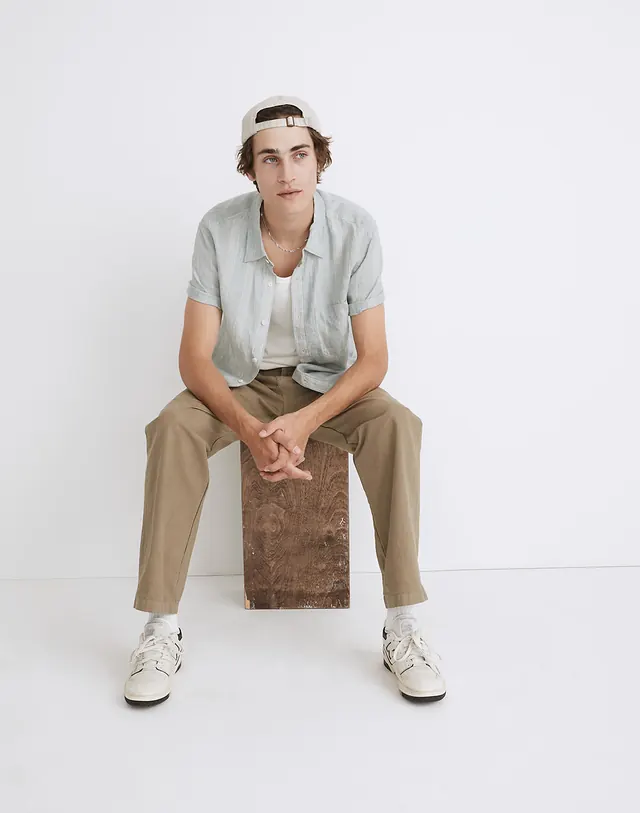 Madewell striped shirt menswear studio portrait, minimal, photographic, light