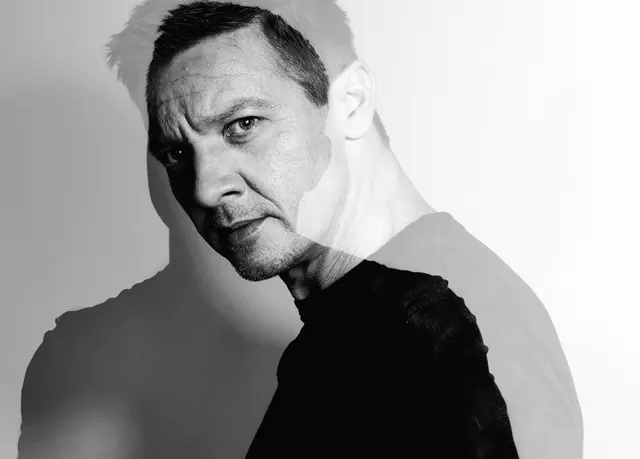 Jeremy Renner double-exposure B&W portrait, monochrome, editorial, monochrome