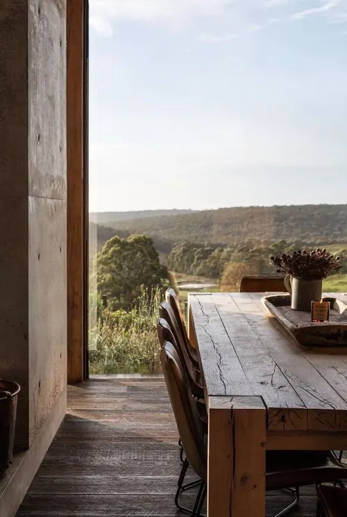 Rustic modern dining room valley view, organic, minimal, warm