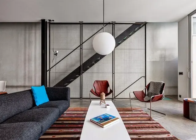Industrial loft living room interior, minimal, photographic, muted