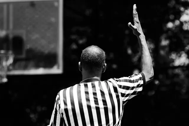 Basketball referee arm raised B&W, monochrome, photographic, monochrome