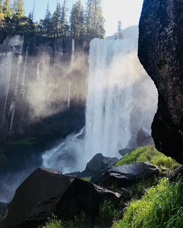 Vernal Fall waterfall in granite canyon, photographic, organic, cool