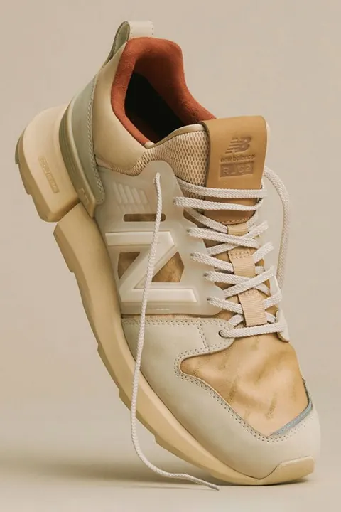 New Balance R_C2 earth-tone sneaker product shot, minimal, technical, muted