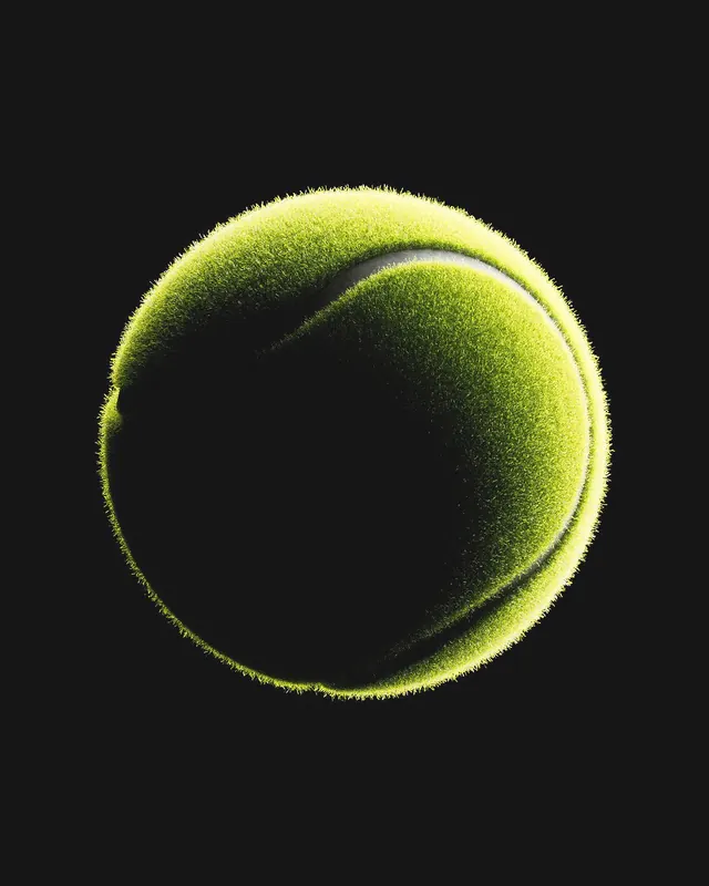 Rim-lit tennis ball macro on black, minimal, photographic, dark