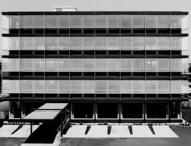 Modernist office facade black and white, swiss, minimal, monochrome