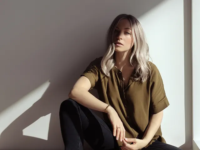 Editorial Portrait in Olive Shirt with Dramatic Light, minimal, editorial, muted