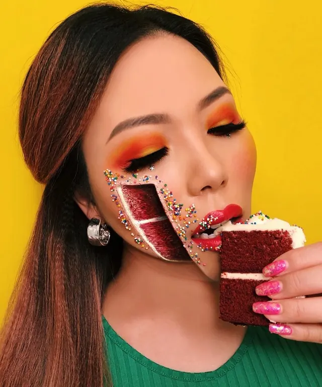 Surreal Cake Makeup Beauty Portrait on Yellow, playful, editorial, vibrant