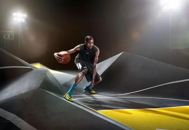 Dramatic Basketball Player on Angular Court Set, dynamic, editorial, dark