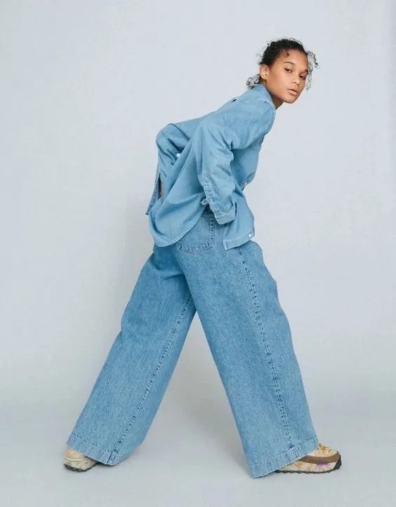 Denim-on-Denim Fashion Pose, minimal, editorial, light