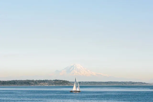 Sailboat on Blue Water with Snow Mountain, photographic, cool