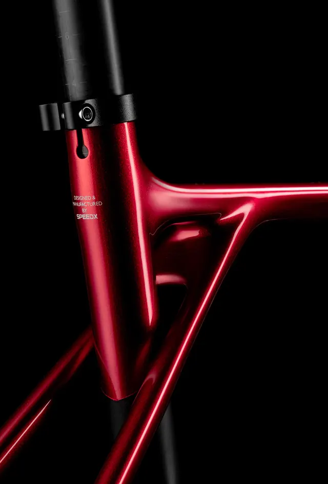Glossy Red Bicycle Frame Detail, minimal, photographic, dark