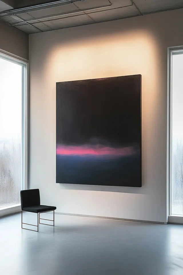 Gallery interior with dark painting, minimal, editorial, light