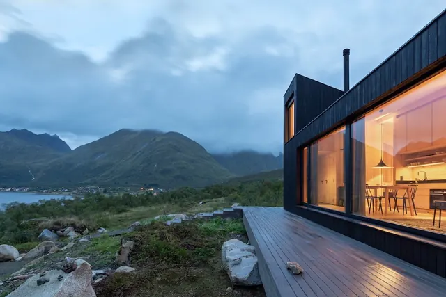 Fjord cabin at blue hour, minimal, photographic, dark