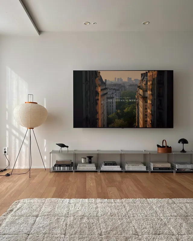 Warm minimalist living room with Akari lamp, minimal, photographic, light