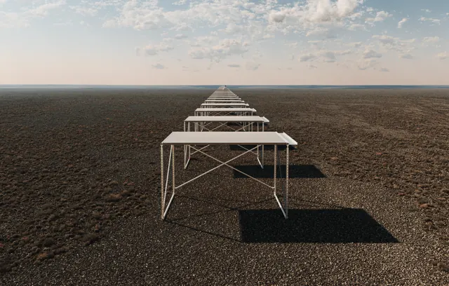 Desert line of white tables to horizon, minimal, photographic, muted