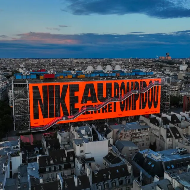 Nike au Pompidou facade banner, editorial, photographic, vibrant