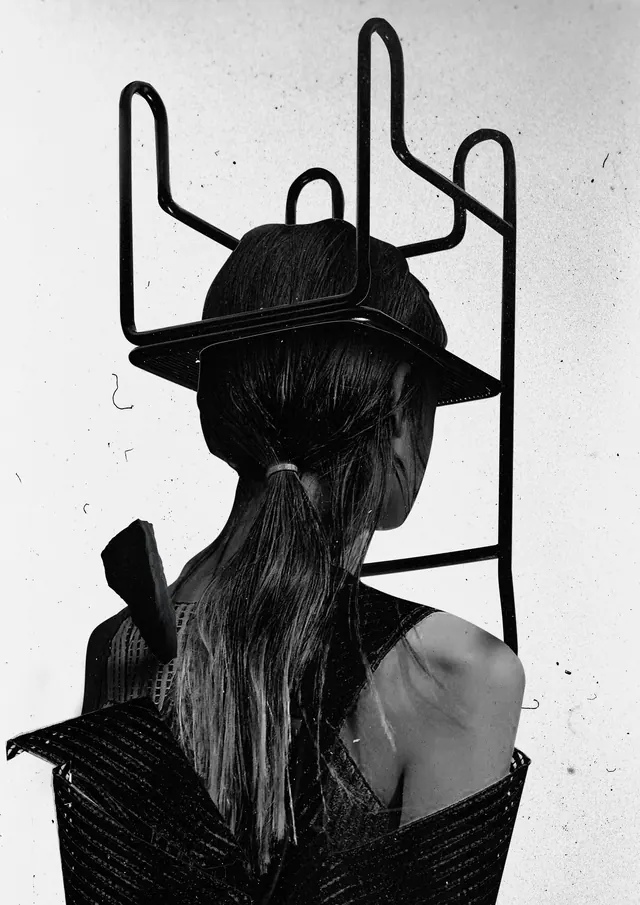 Monochrome Portrait with Line Art Overlay, monochrome, brutalist, monochrome