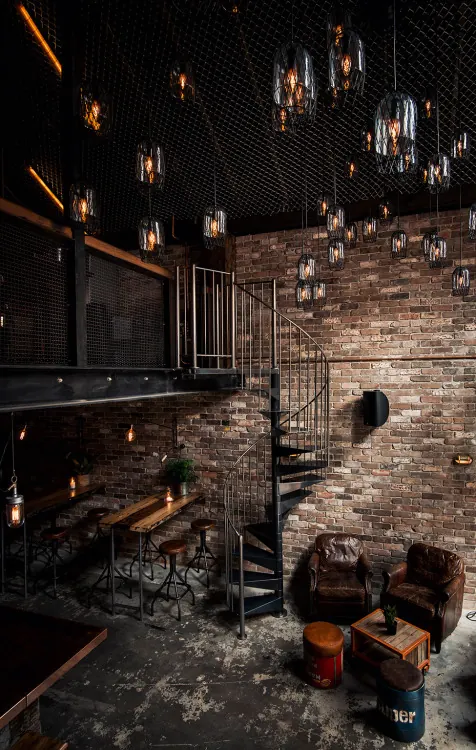 Industrial Bar Interior, organic, dark-mode, dark