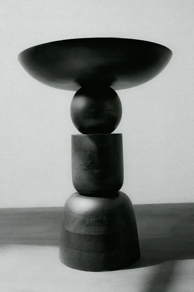 Minimal sculptural dark wood pedestal, minimal, geometric, dark