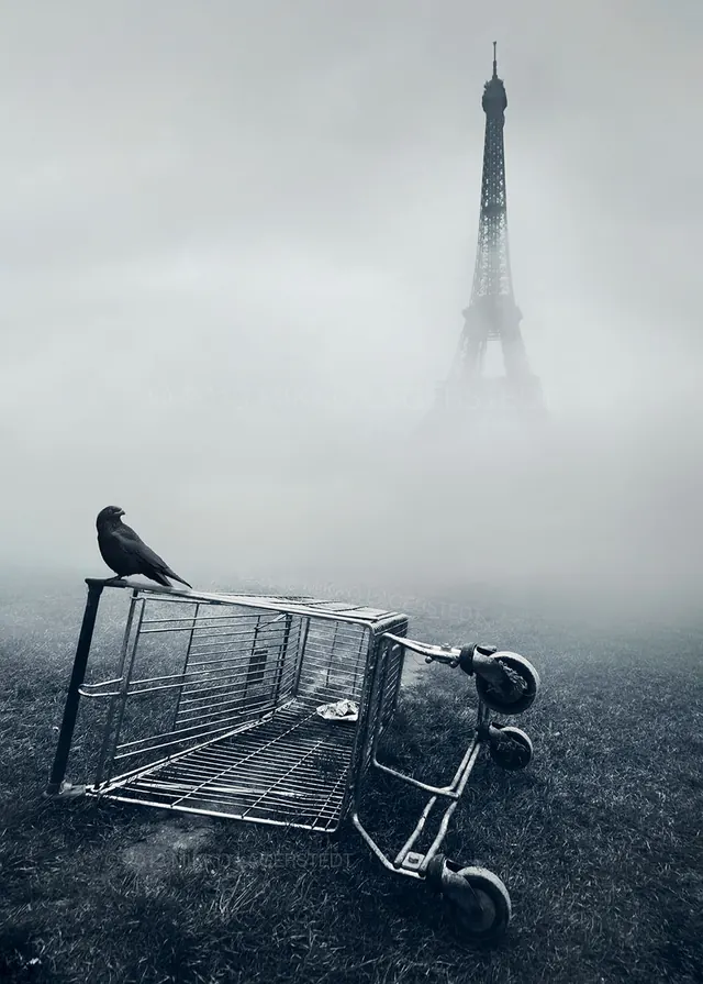 Abandoned shopping cart under Eiffel Tower in fog, photographic, surreal, monochrome