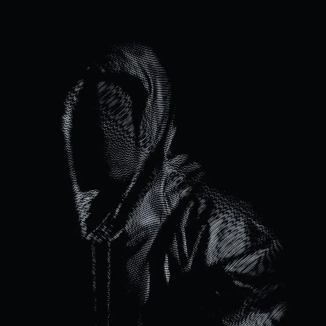 Hooded Figure Dithering Portrait, monochrome, brutalist, monochrome