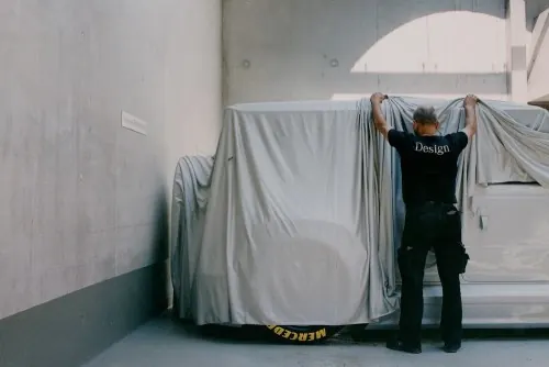 Mercedes car reveal in gallery, minimal, photographic, light