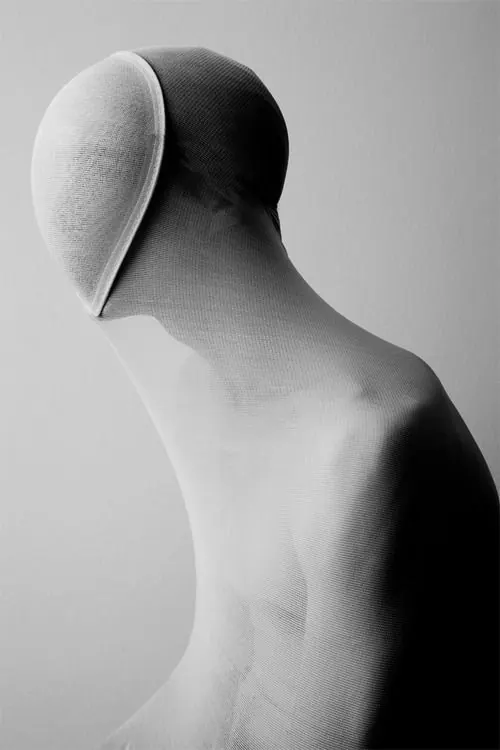 Mesh draped head and shoulders sculpture, minimal, photographic, monochrome
