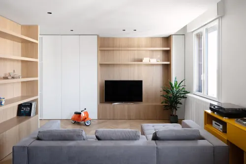 Minimalist living room interior with built-in media wall, minimal, photographic, light
