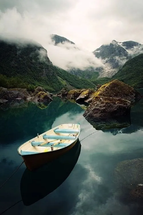 Mountain Lake Boat Scene