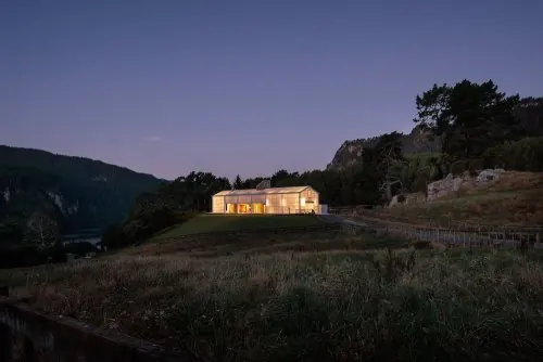 Illuminated Building at Dusk