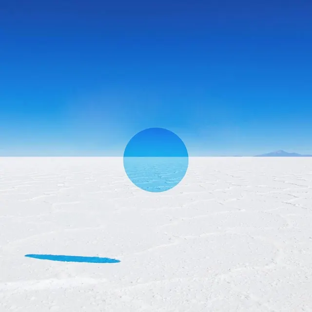 Blue Sphere on Salt Flat, minimal, abstract, high-contrast