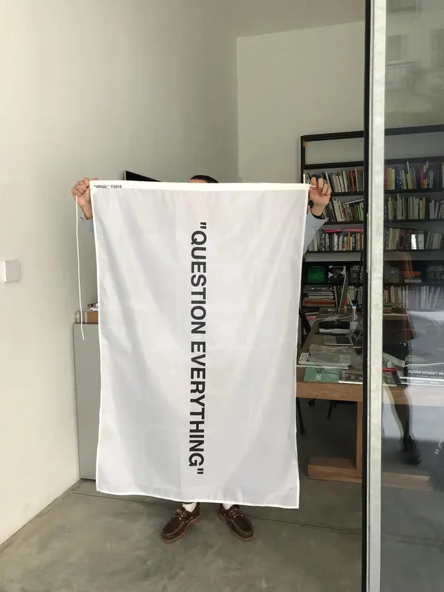 Virgil Abloh Question Everything Banner, minimal, editorial, light