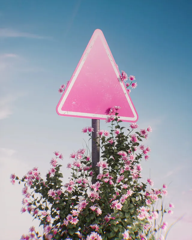 Pink Warning Sign with Flowers