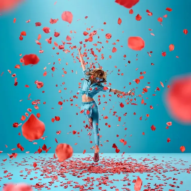 Floating Woman in Red Petals