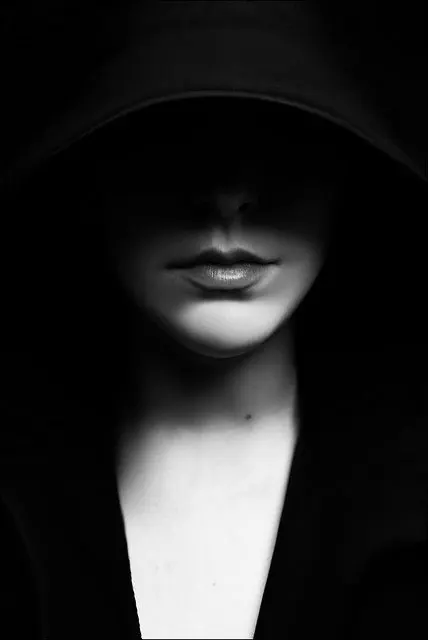Dramatic shadowed portrait with hat, photographic, dark-mode, dark
