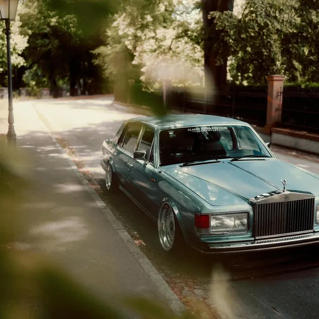 Vintage Sedan on Tree-Lined Road
