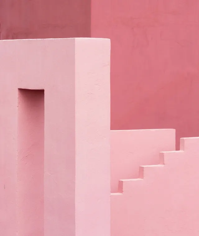 Monochromatic pink architectural stairs and wall, minimal, geometric, vibrant