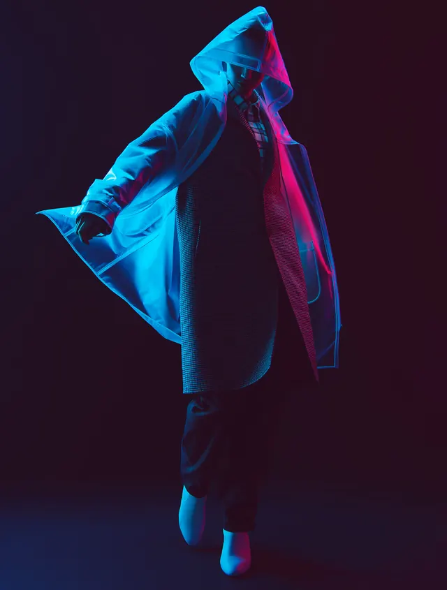Avant-garde transparent raincoat fashion, photographic, bold, dark