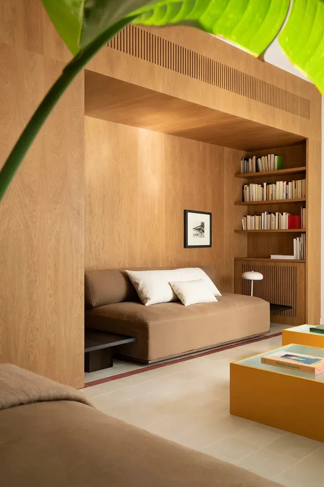 Minimalist wood living room with recessed sofa, minimal, organic, warm