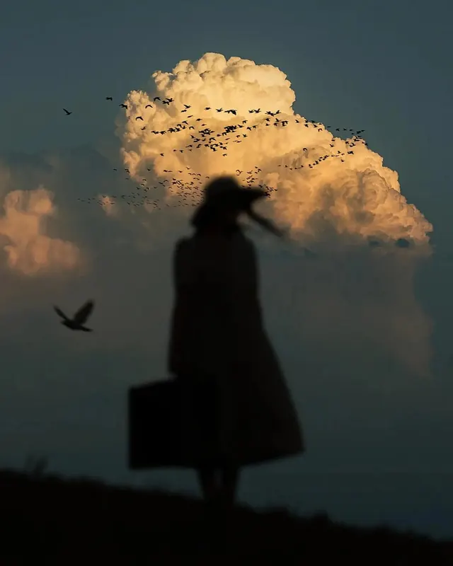 Silhouette of a traveler with suitcase