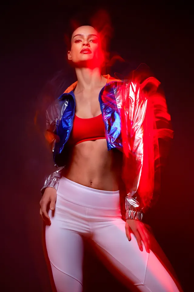 Red and Blue Metallic Jacket Portrait