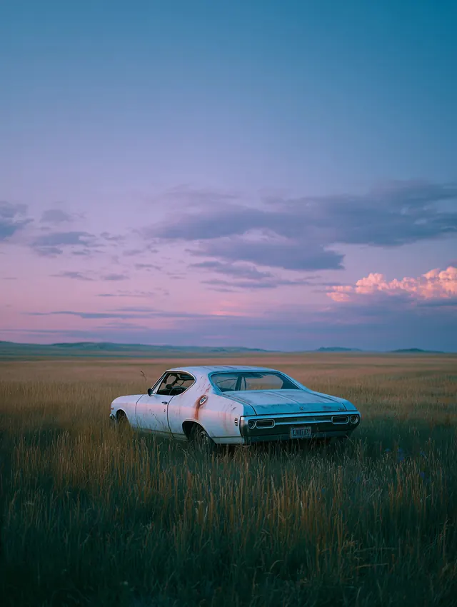 Rusty vintage car in open prairie at dusk, photographic, organic, muted