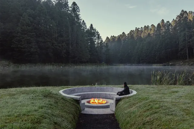 Forest Lake Landscape with Circular Structure
