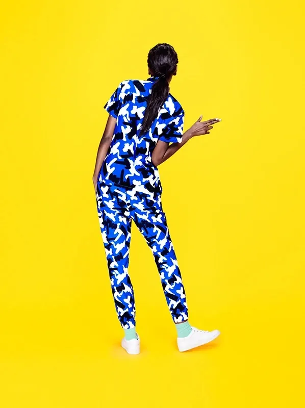 Blue Patterned Tracksuit on Yellow Background