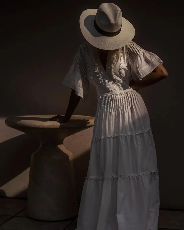 White Tiered Dress in Chiaroscuro, minimal, editorial, dark