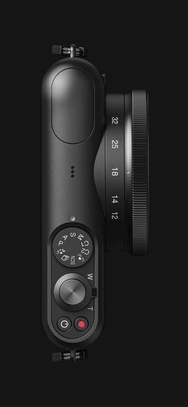 Compact Camera Top-Down View, minimal, technical, dark
