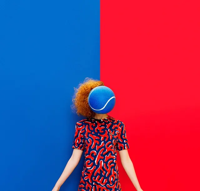 Surreal split-color fashion portrait, photographic, playful, vibrant