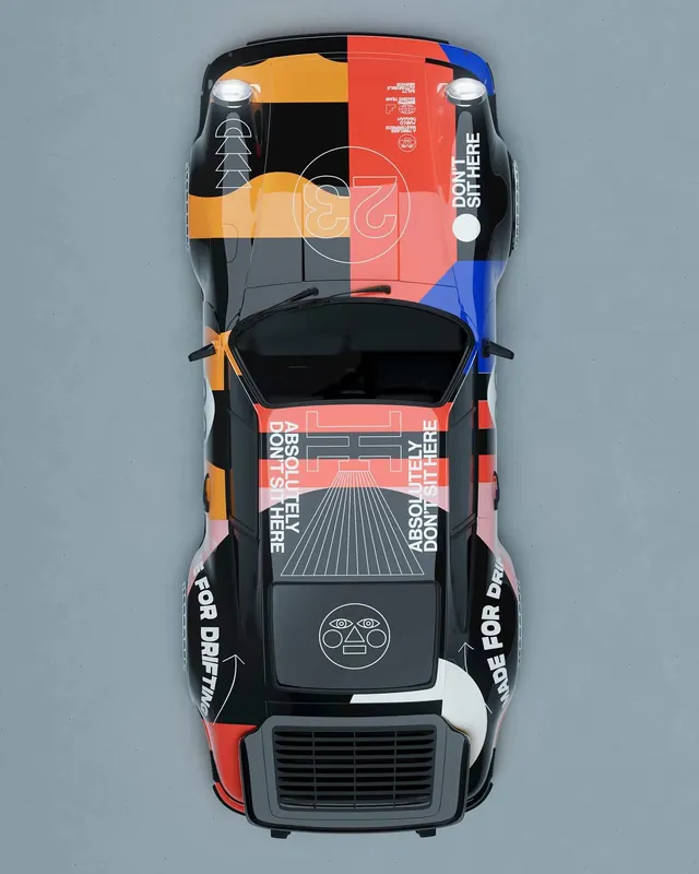 Porsche 911 graphic livery top-down, maximalist, retro, vibrant