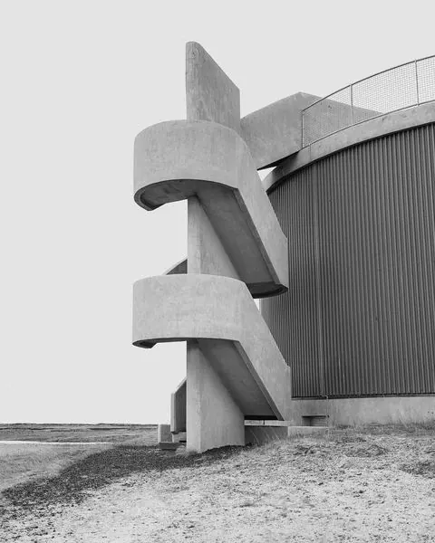 Brutalist spiral staircase on silo, brutalist, monochrome, monochrome