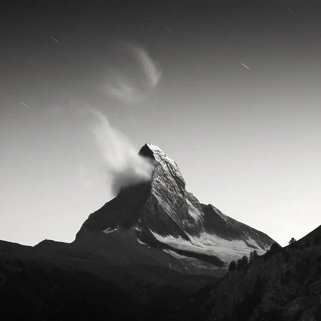 Matterhorn star-trail monochrome landscape, monochrome, photographic, monochrome